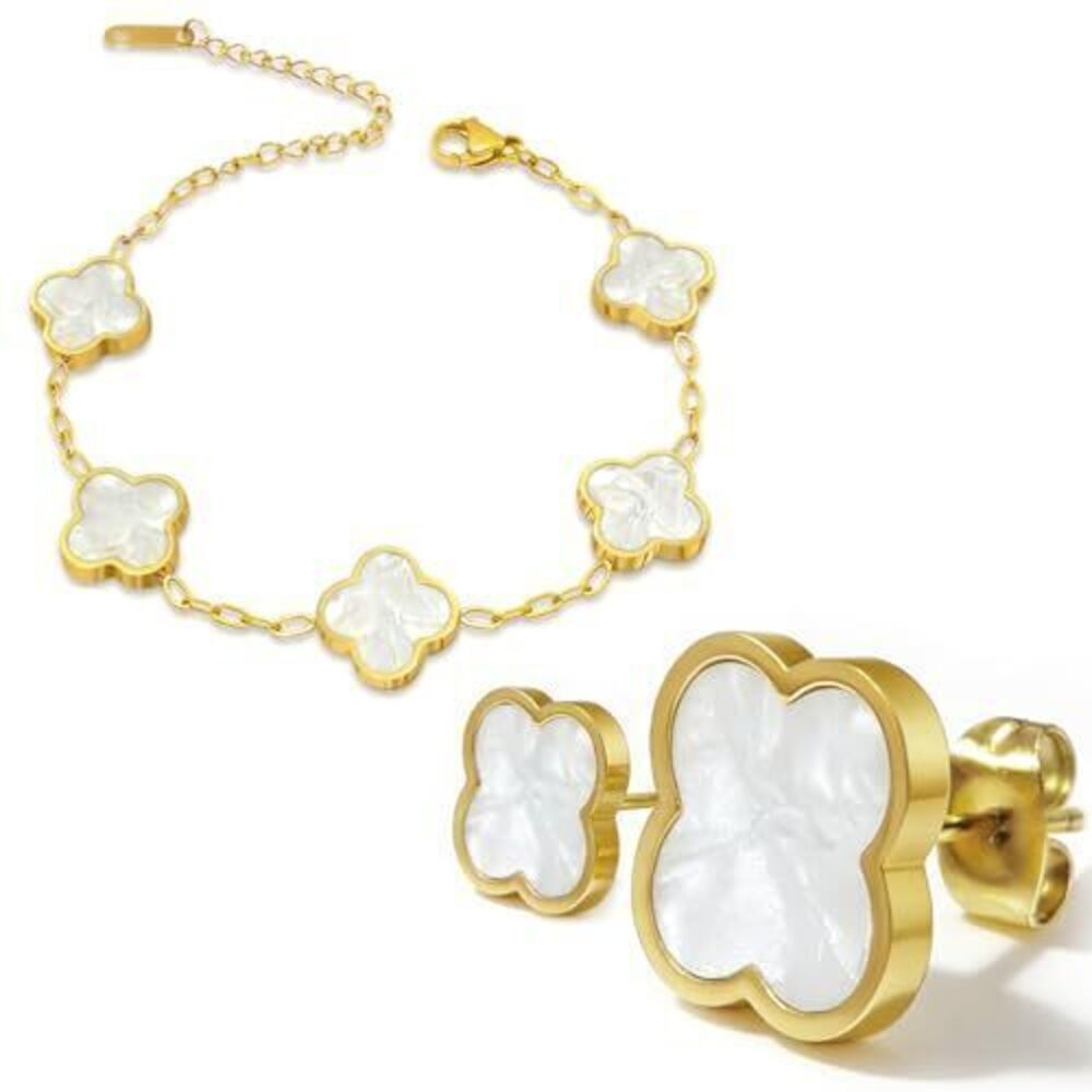 8189 18K Gold Plated Jewelry Set, Clover Bracelets and Stud Earrings Set